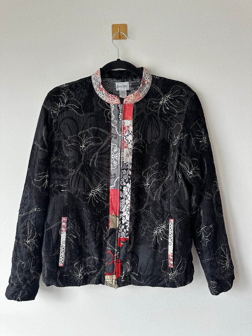 Vintage Embroidered Silk Linen Jacket Black Floral Tapestry Zip Front Artsy M